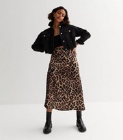New Look Petite Brown Leopard Print Satin Midi Skirt